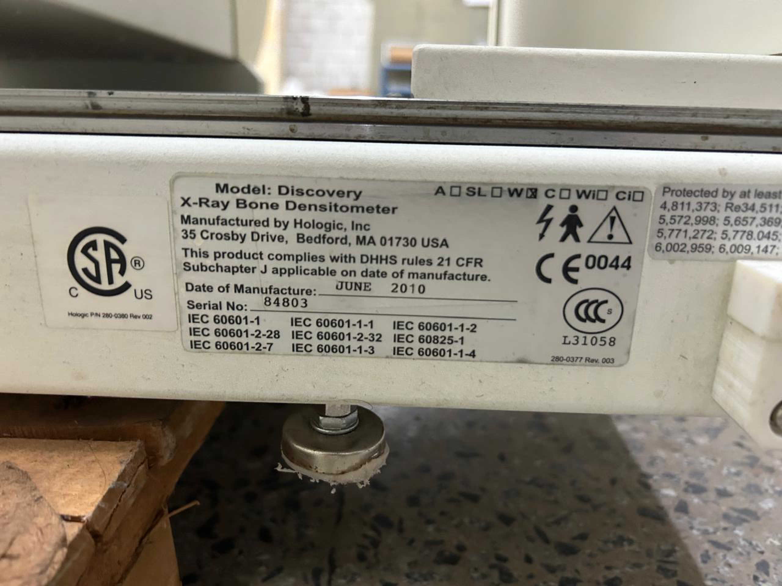 Plaqueta de Identificação Real do Equipamento Hologic Discovery - Serial 84803